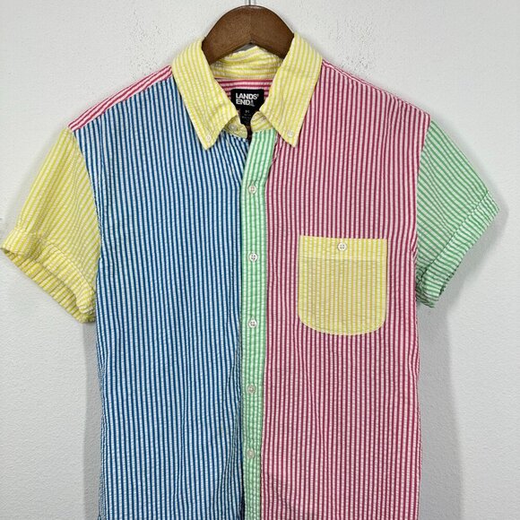 Lands' End Men's Medium Camp Shirt Colorblock Seersucker Summer Vibrant Beach - Picture 6 of 6
